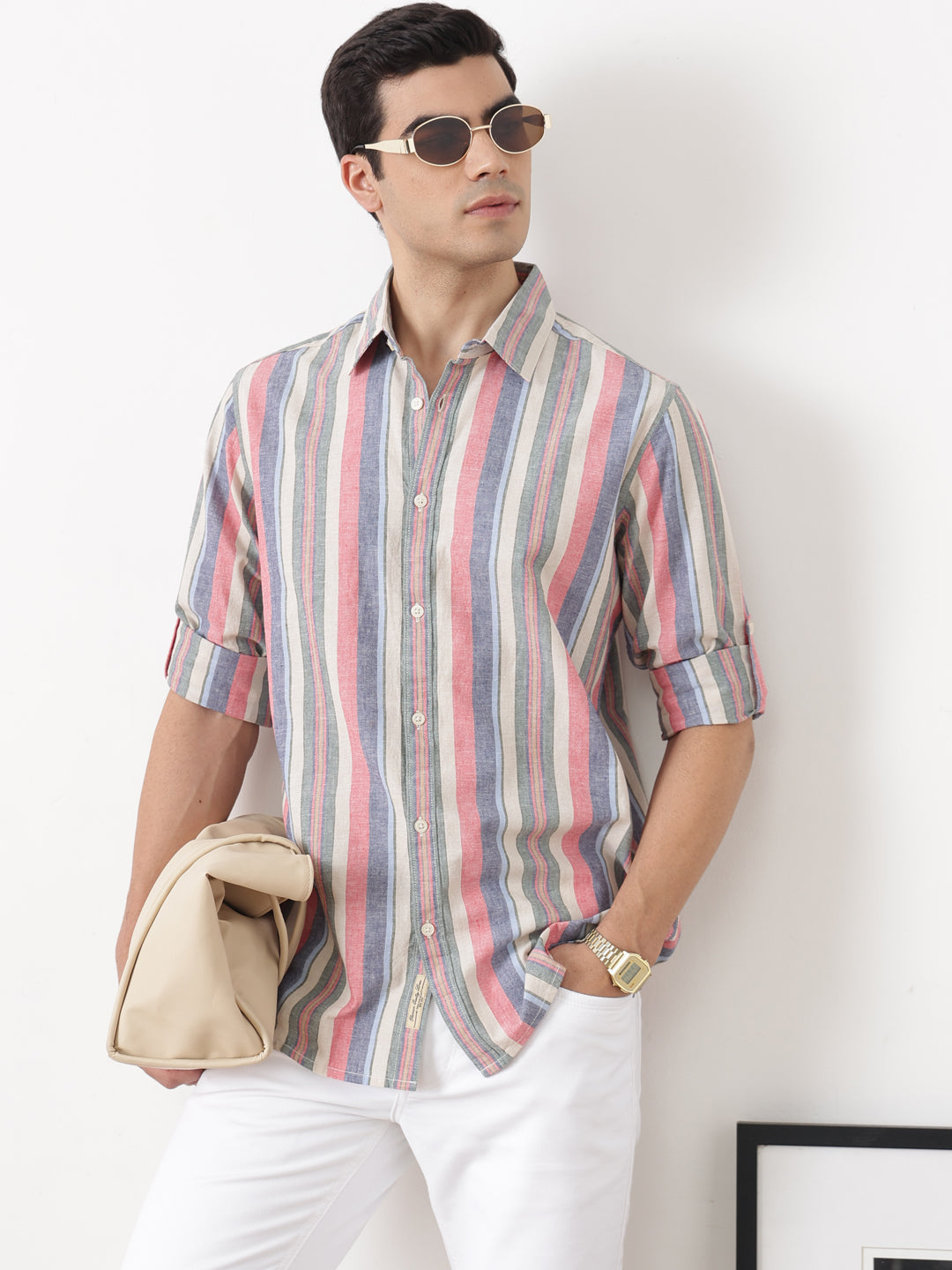 Natural Regular Fit Roll-Up Sleeve Spread Collar Vertical Striped Cotton Linen Casual Shirt For Men