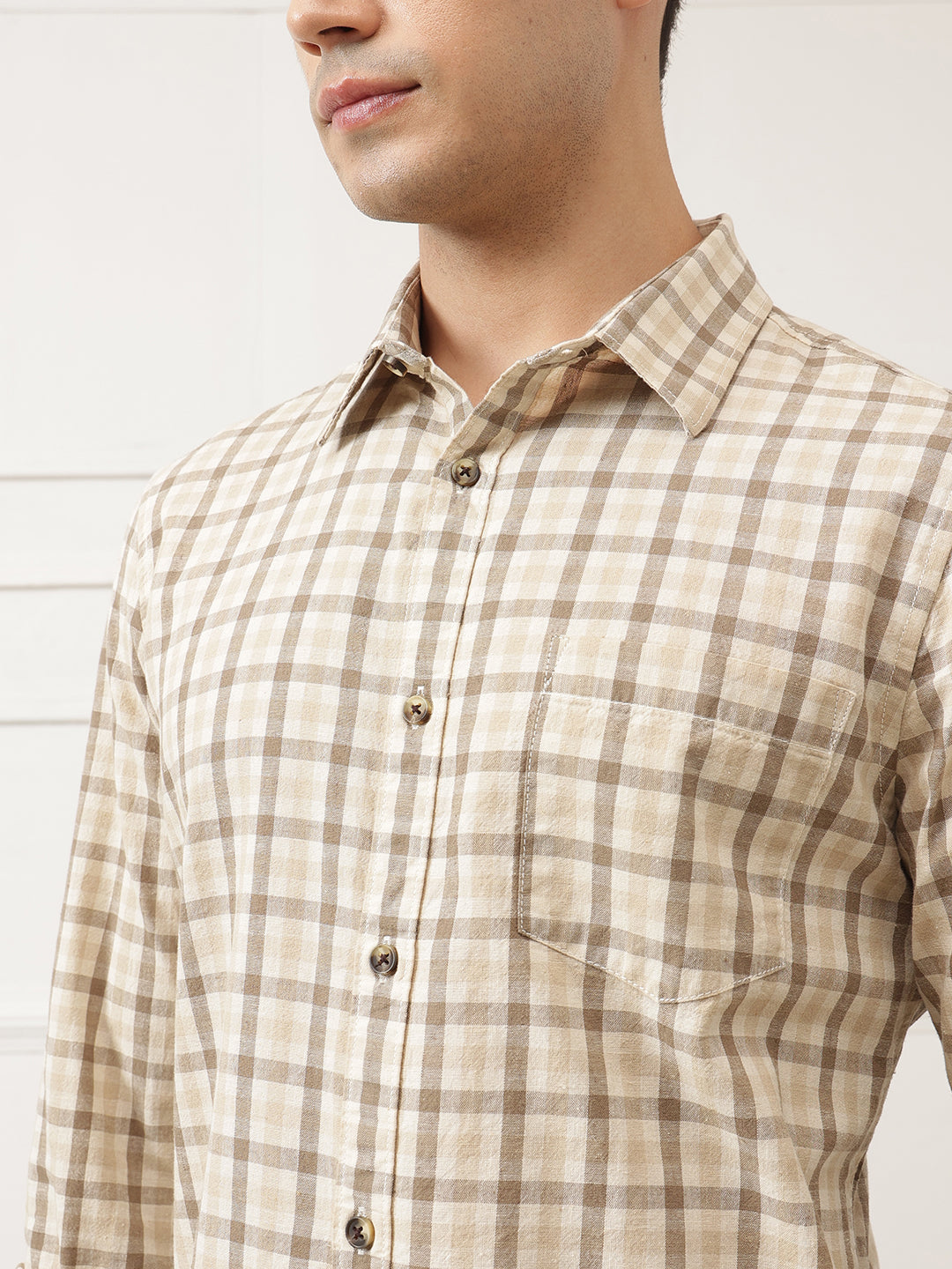 Khaki Premium Slim Fit Graphic Checked Cotton Linen Casual Shirt For Men