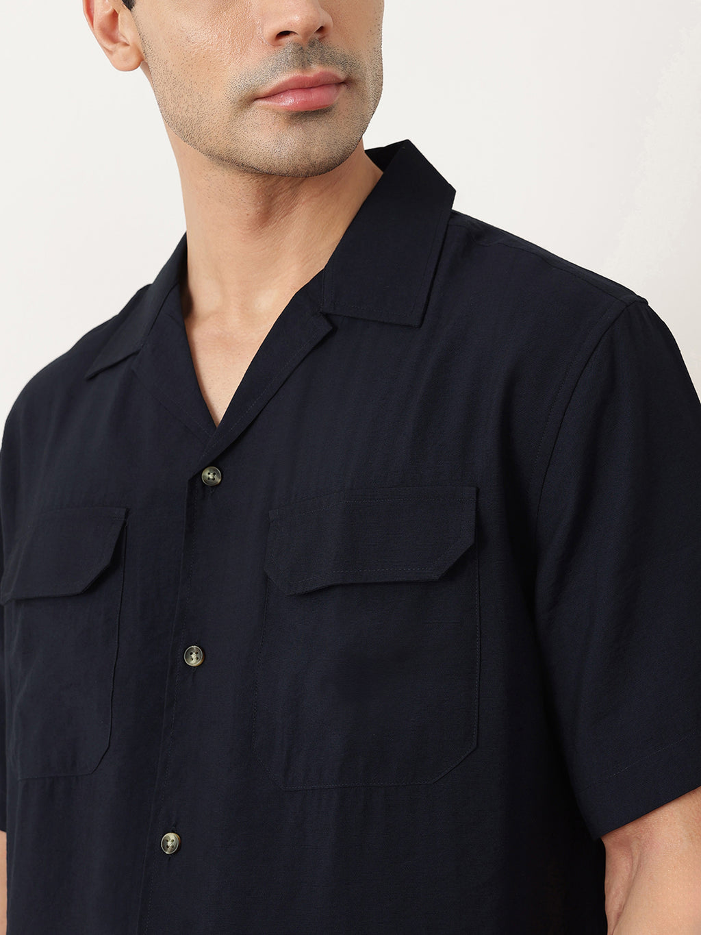 Thomas Scott Men Premium Navy Oversize Fit Short Sleeves Cuban Collar Textured Casual Shirt