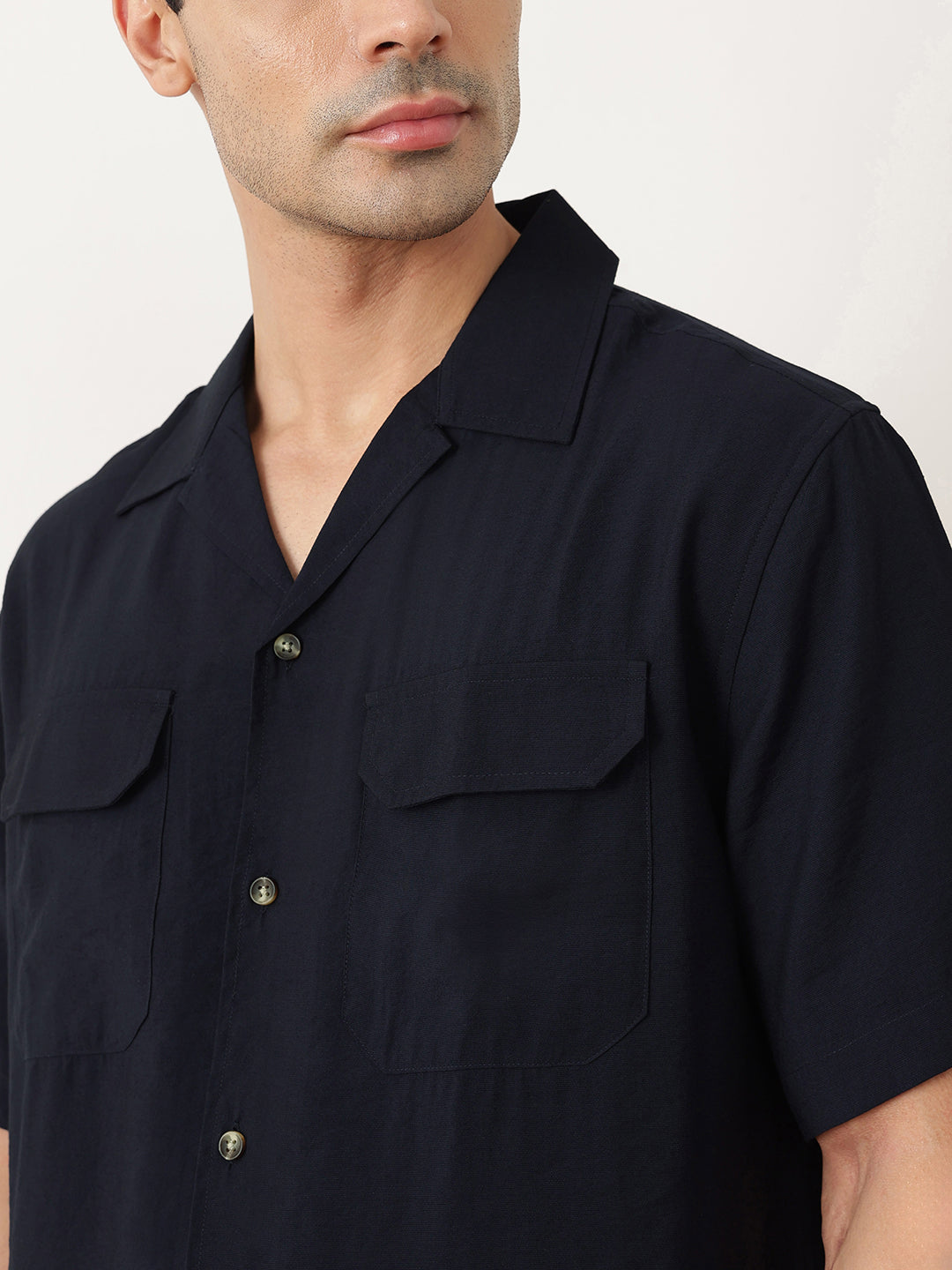 Thomas Scott Men Premium Navy Oversize Fit Short Sleeves Cuban Collar Textured Casual Shirt