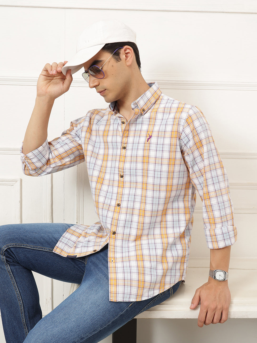 White Premium Regular Fit Tartan Checks Cotton Oxford Shirt For Men
