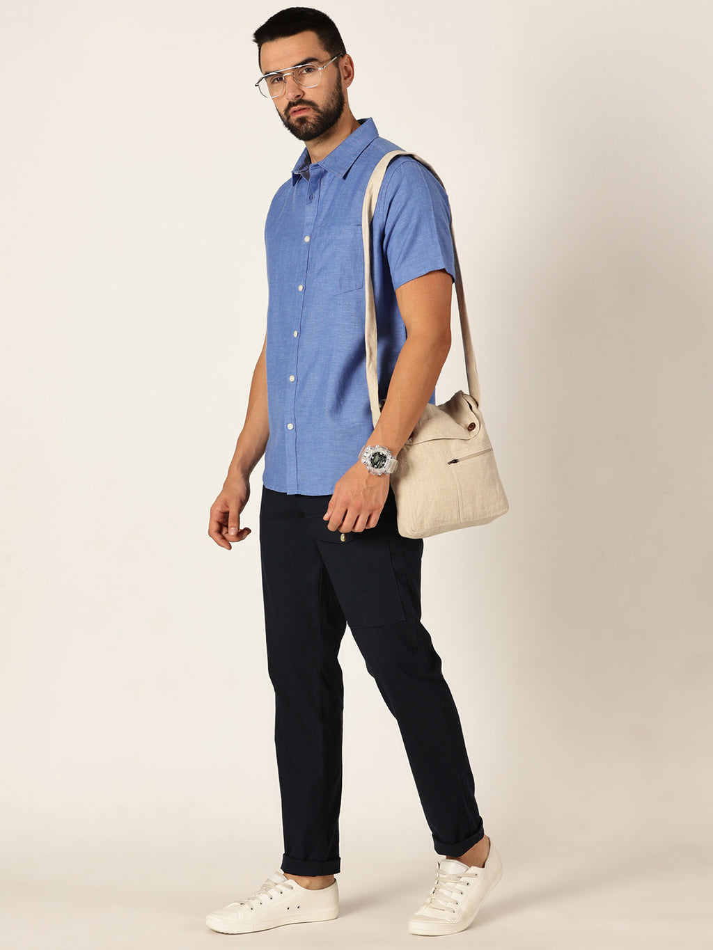 Thomas Scott Men Blue Premium Slim Fit Short Sleeves Spread Collar Solid Cotton Linen Casual Shirt