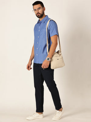 Thomas Scott Men Blue Premium Slim Fit Short Sleeves Spread Collar Solid Cotton Linen Casual Shirt