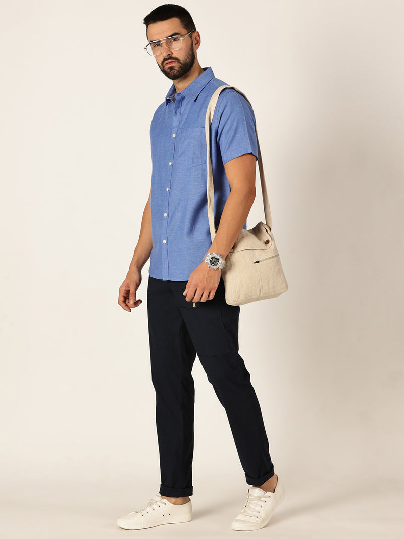 Thomas Scott Men Blue Premium Slim Fit Short Sleeves Spread Collar Solid Cotton Linen Casual Shirt