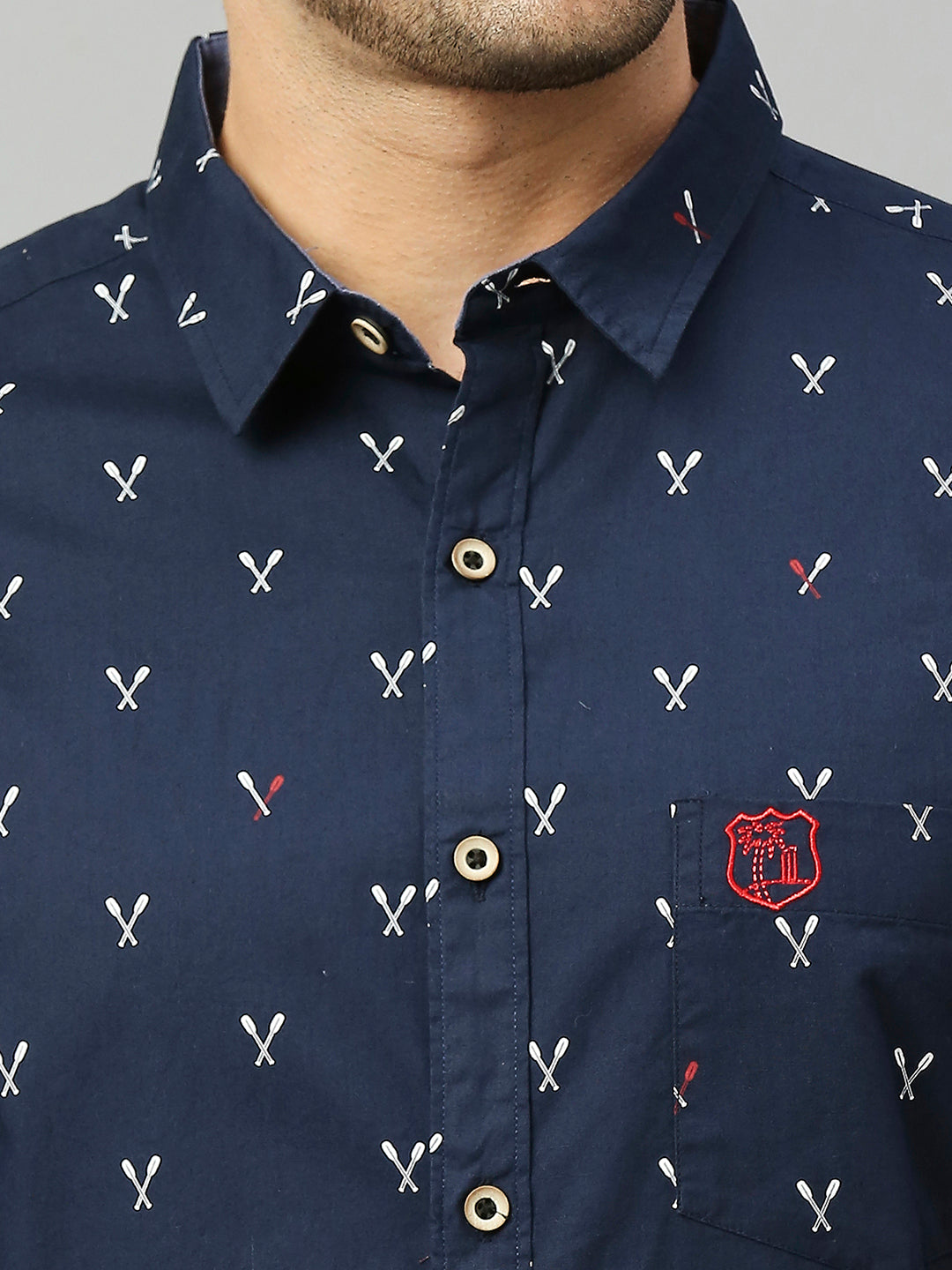 Thomas Scott Men Royal Navy Classic Short Sleeves Slim Fit Spread Collar Conversational Printed Cotton Casual Shirt