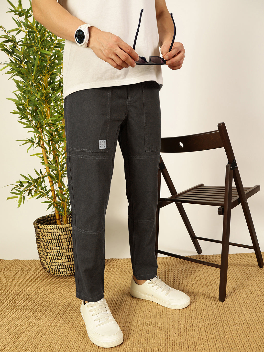 Thomas Scott Men Cement Smart Regular Fit Mid-Rise Solid Cotton Woven Trouser
