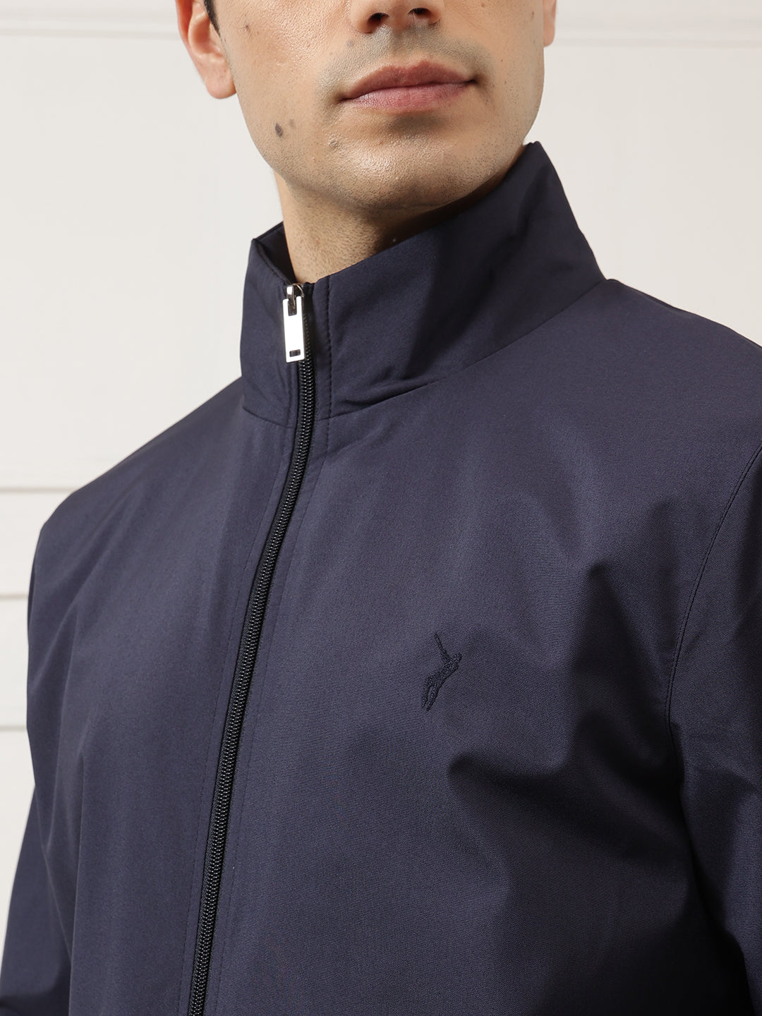 Navy Regular Fit Solid Full Sleeves Stand Collar Zip-Front Casual Bomber Jacket For Men
