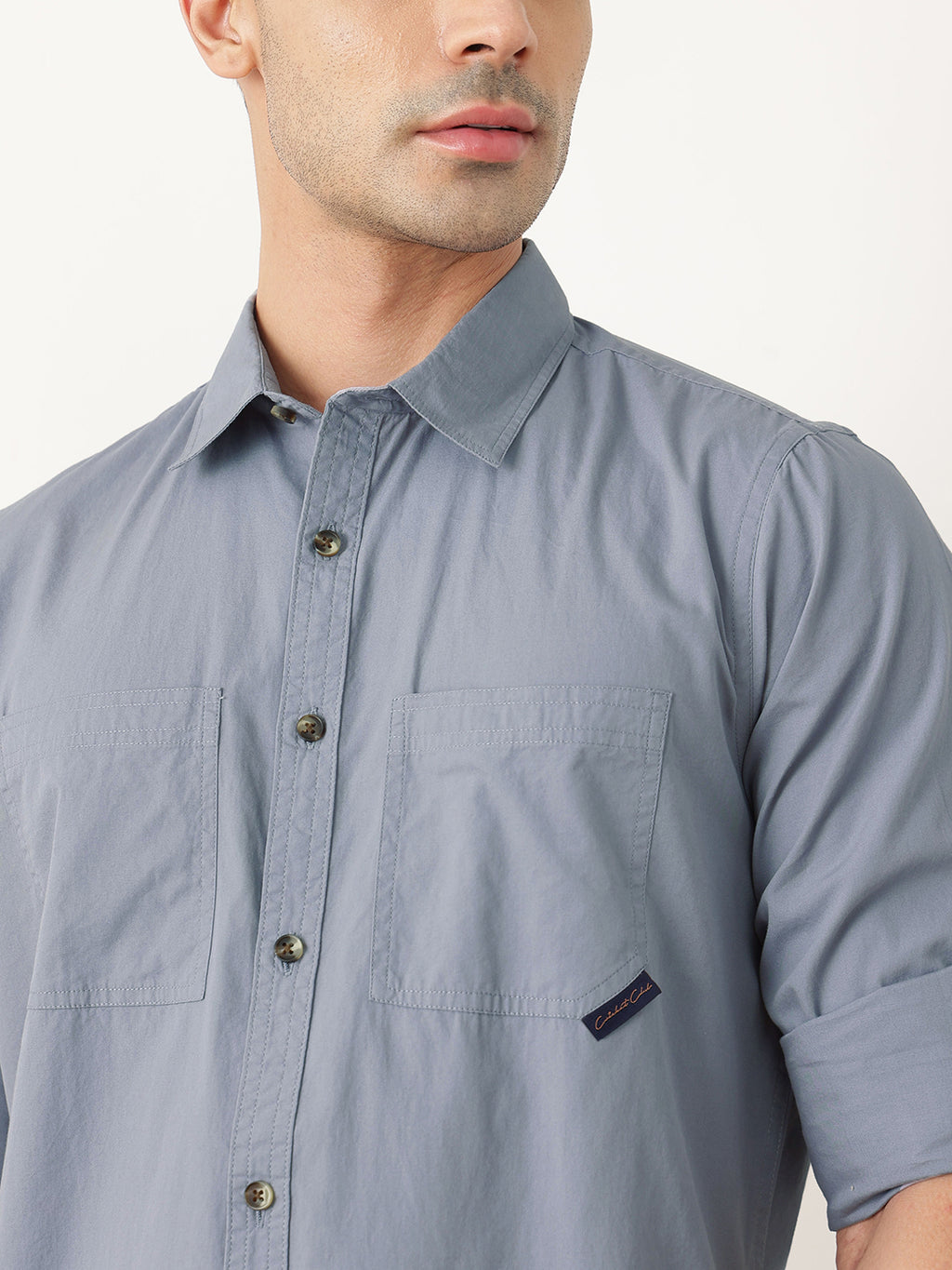 Thomas Scott Men Premium Mid Blue Slim Fit Long Roll-Up Sleeves Spread Collar Solid Cotton Casual Shirts