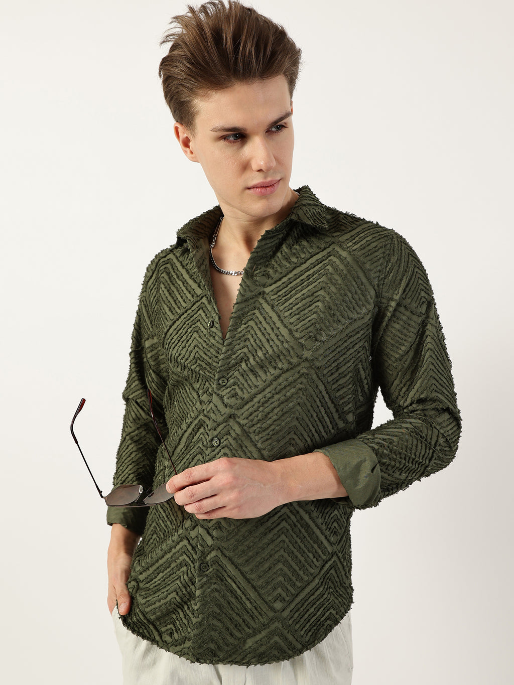 Thomas Scott Men Green Premium Long Sleeves Slim Fit Spread Collar Textured Casual Shirt