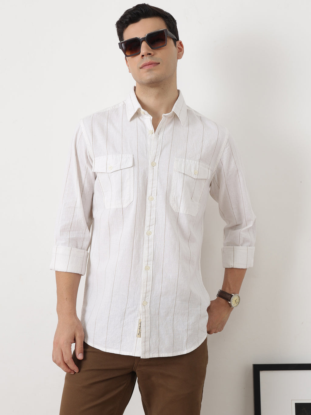 Natural Regular Fit Long Sleeves Spread Collar Vertical Stripes Cotton Linen Casual Shirt For Men