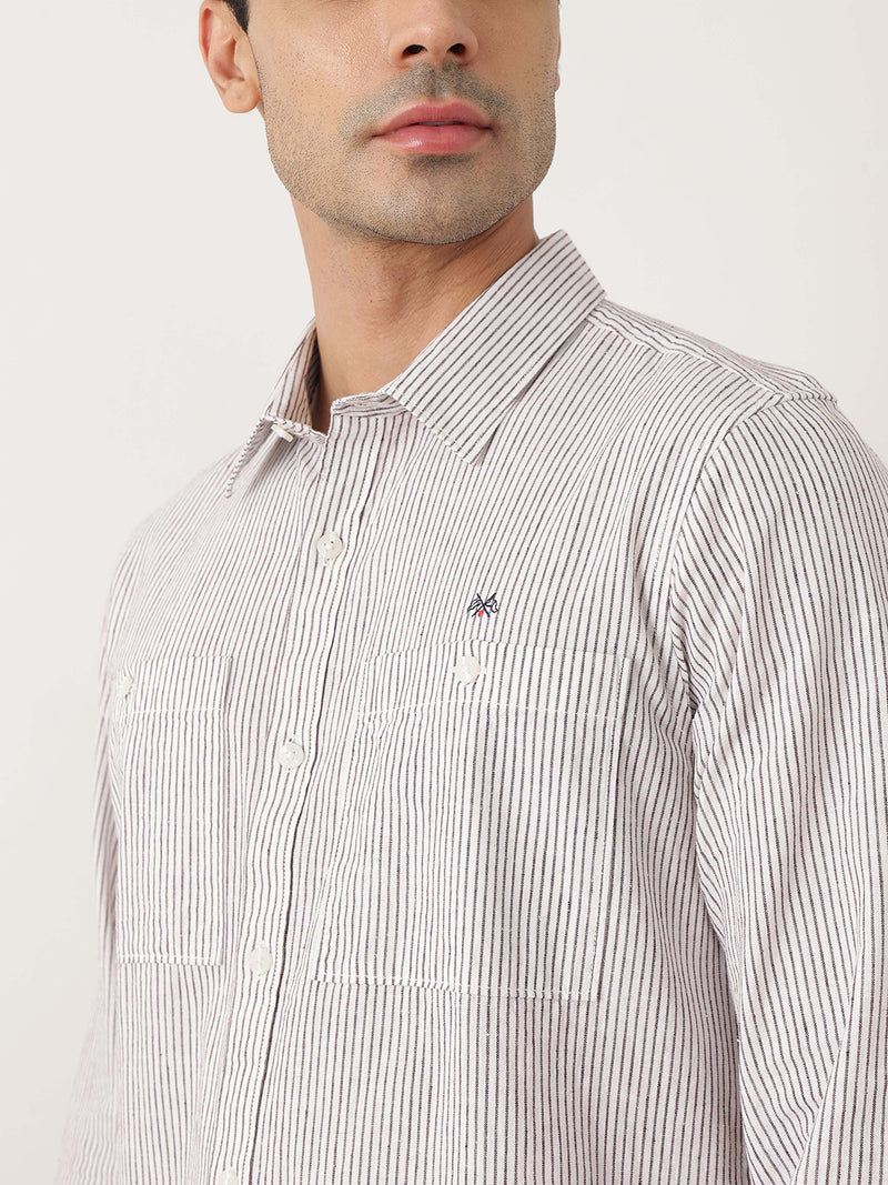 Thomas Scott Men Premium Maroon Regular Fit Long Sleeves Spread Collar Pinstripes Cotton Linen Casual Shirt