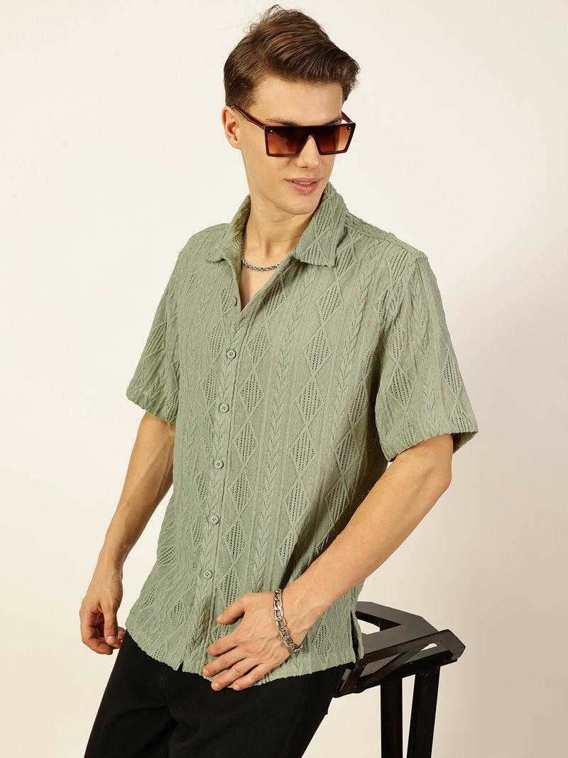 Thomas Scott Men Green Premium Oversized Short Sleeves Spread Collar Textured Casual Shirts