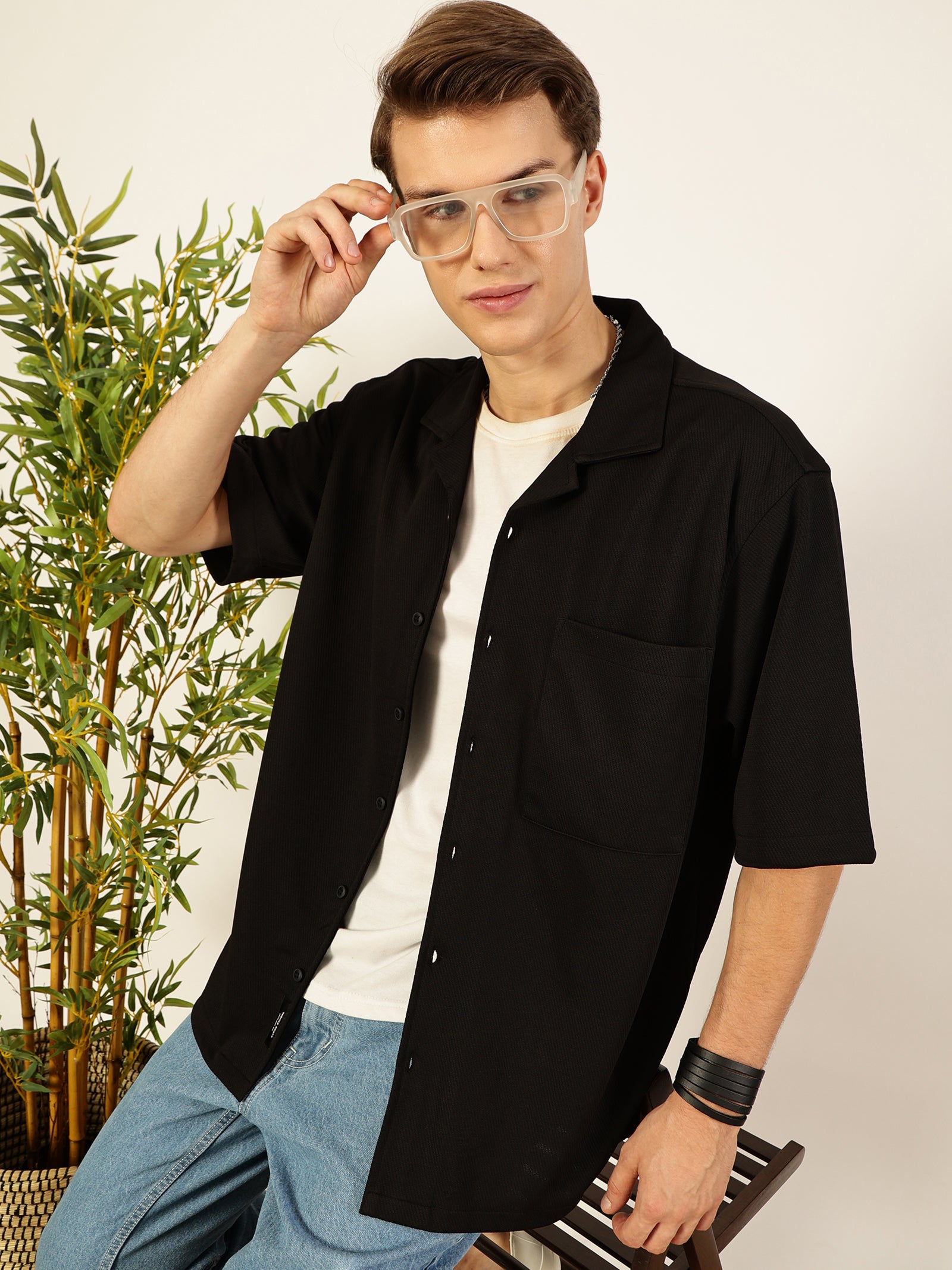 Thomas Scott Men Black Premium Short Sleeves Regular Fit Cuban Collar Textured Cotton Twill Shirt