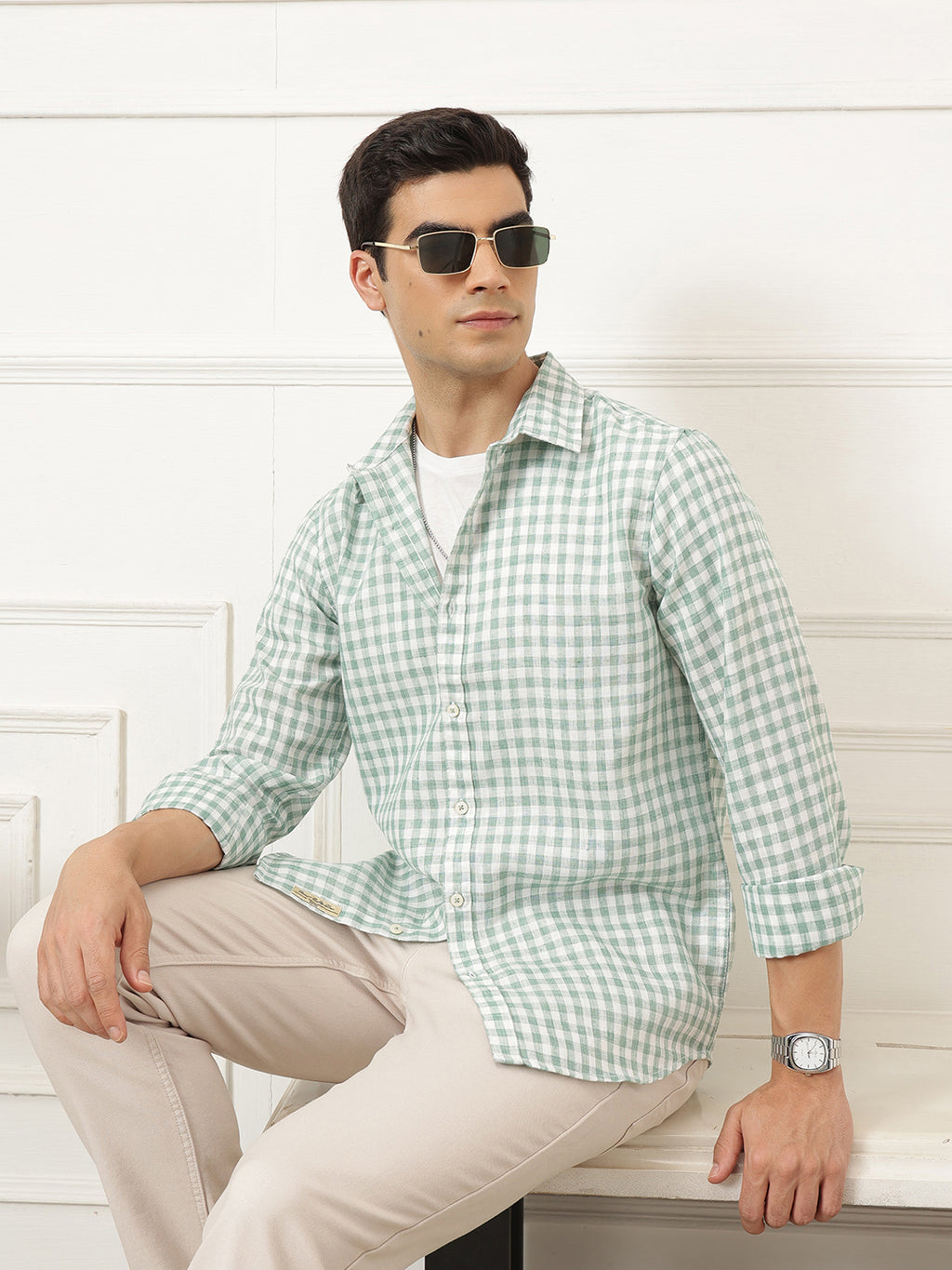 Green Premium Regular Fit Gingham Checks Cotton Linen Shirt For Men