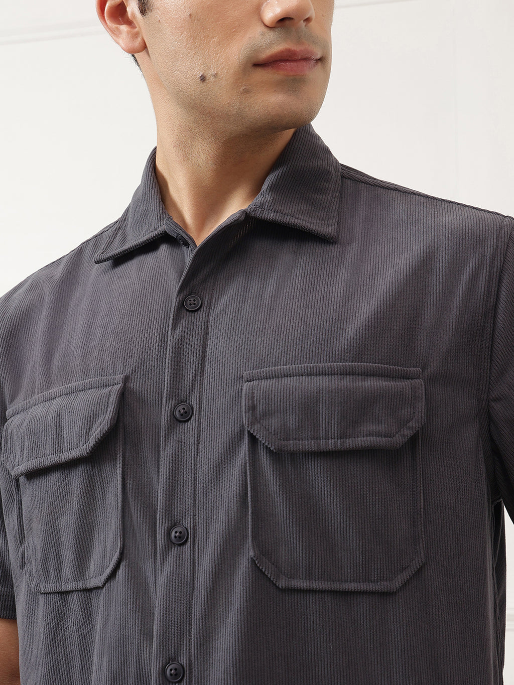 Dark Grey Oversized Short Sleeves Spread Collar Corduroy Shirt For Men