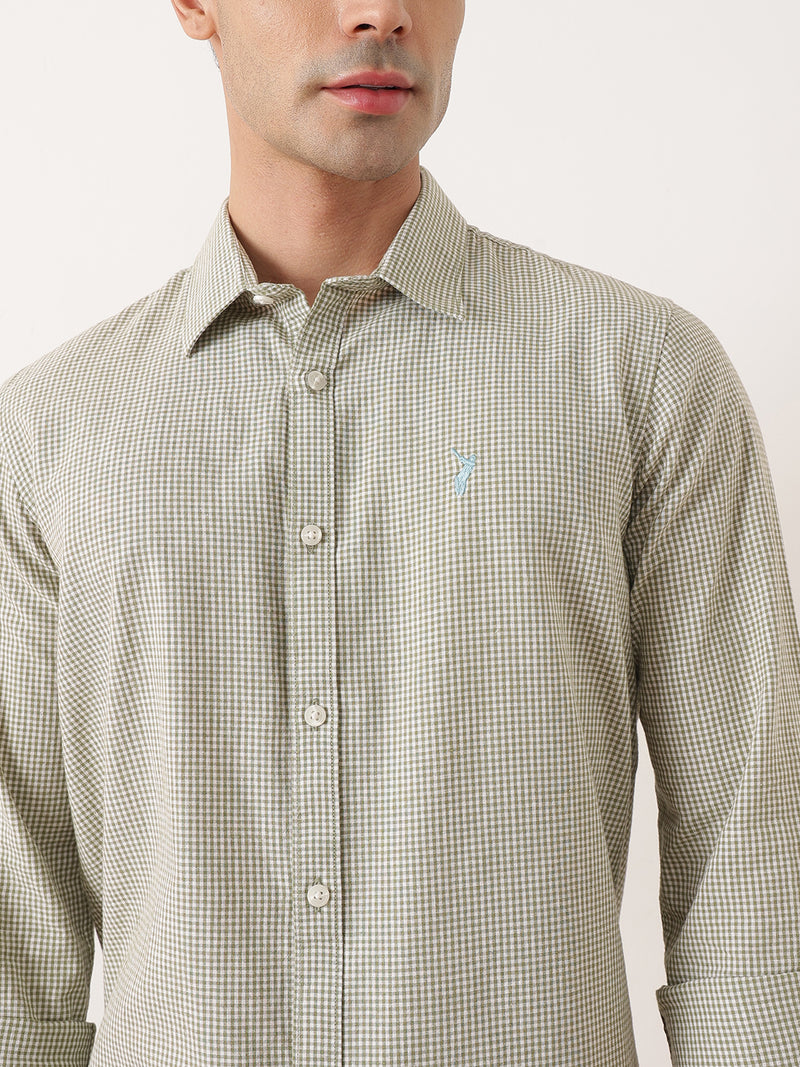 Thomas Scott Men Olive Premium Regular Fit Long Sleeves Spread Collar Gingham Checks Cotton Linen Casual Shirt