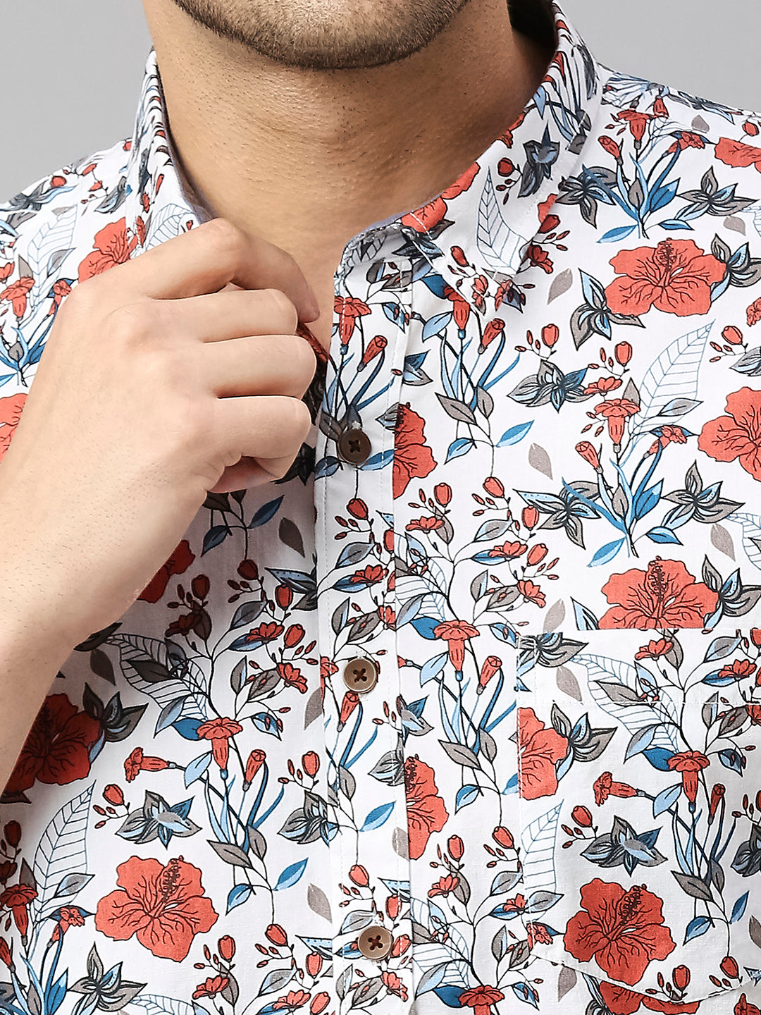 Thomas Scott Men White 2 Classic Short Sleeves Slim Fit Spread Collar Floral Printed Cotton Casual Shirt