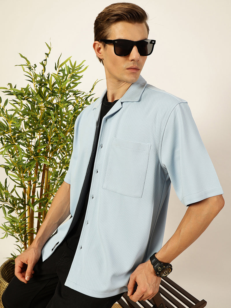 Thomas Scott Men Sky Blue Premium Short Sleeves Regular Fit Cuban Collar Textured Cotton Twill Shirt