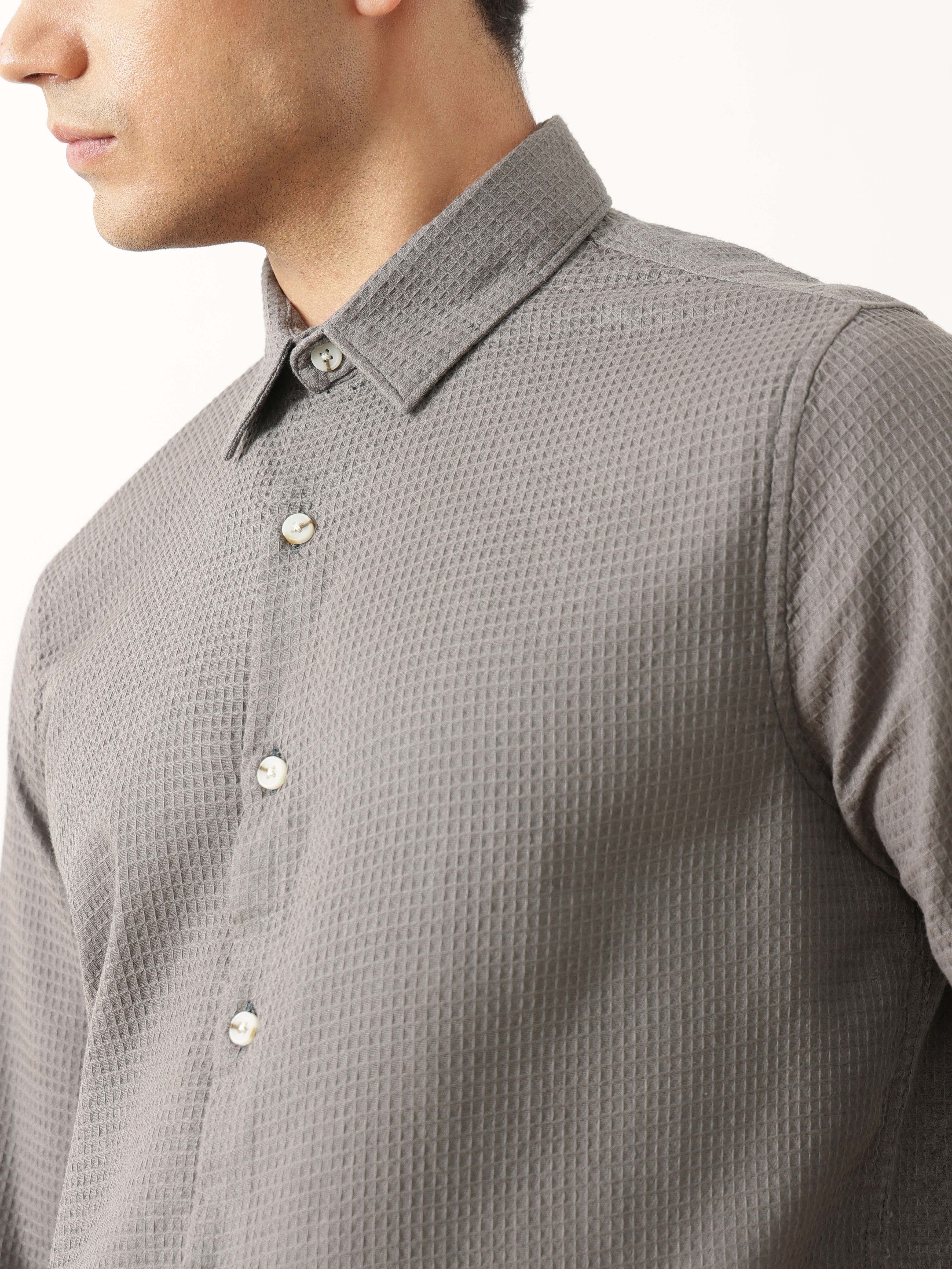 Thomas Scott Men Premium Grey Regular Fit Long Sleeves Spread Collar Textured Casual Shirt