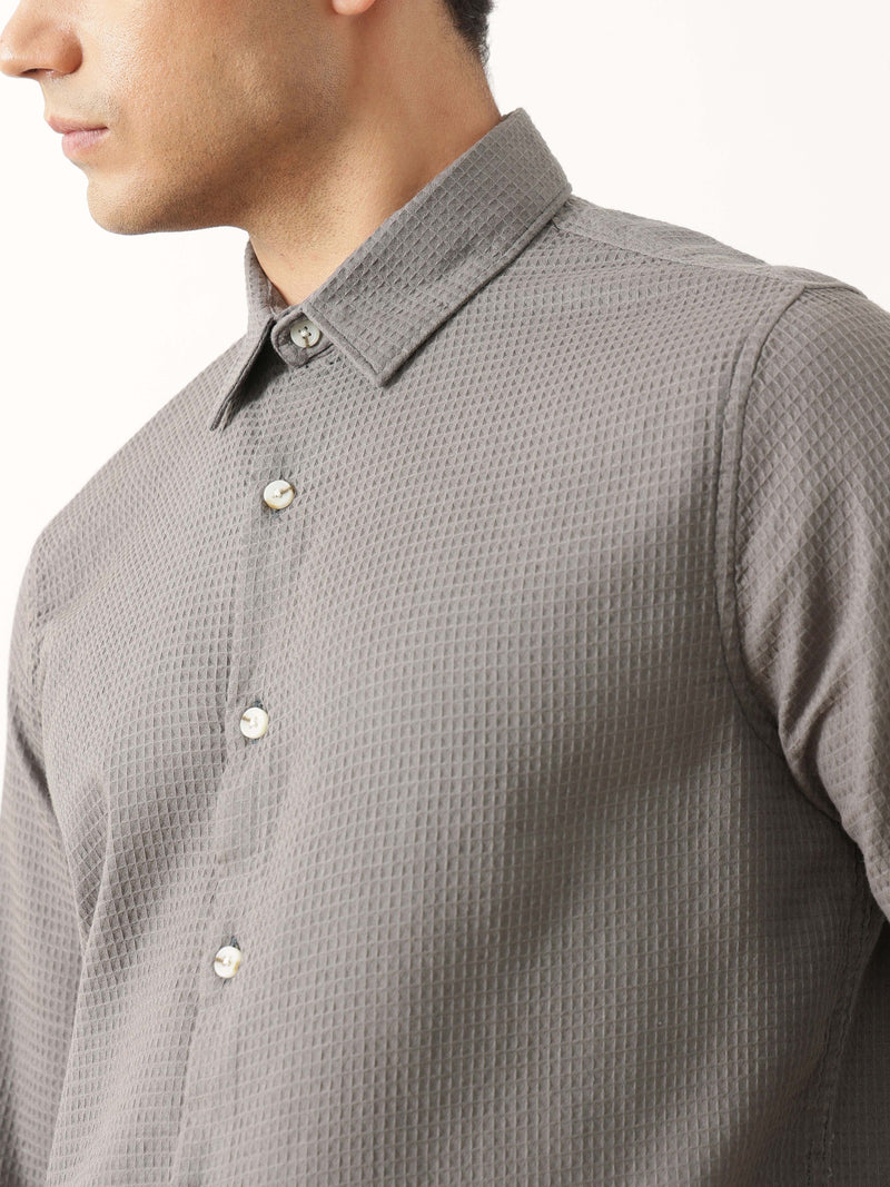 Thomas Scott Men Premium Grey Regular Fit Long Sleeves Spread Collar Textured Casual Shirt