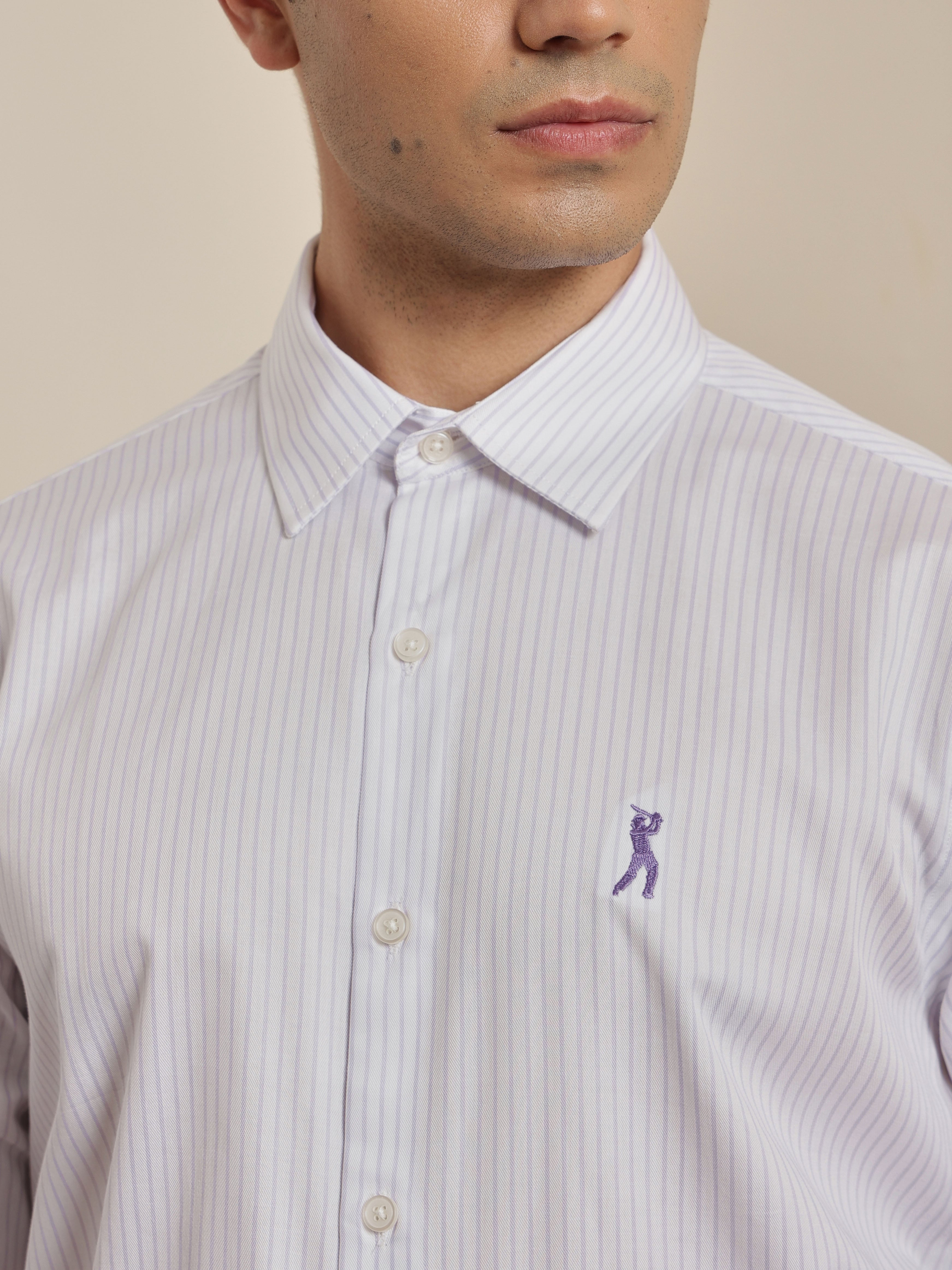 Thomas Scott Men Premium Violet Vertical Stripes Cotton Formal Shirt with Spread Collar & Full Sleeves
