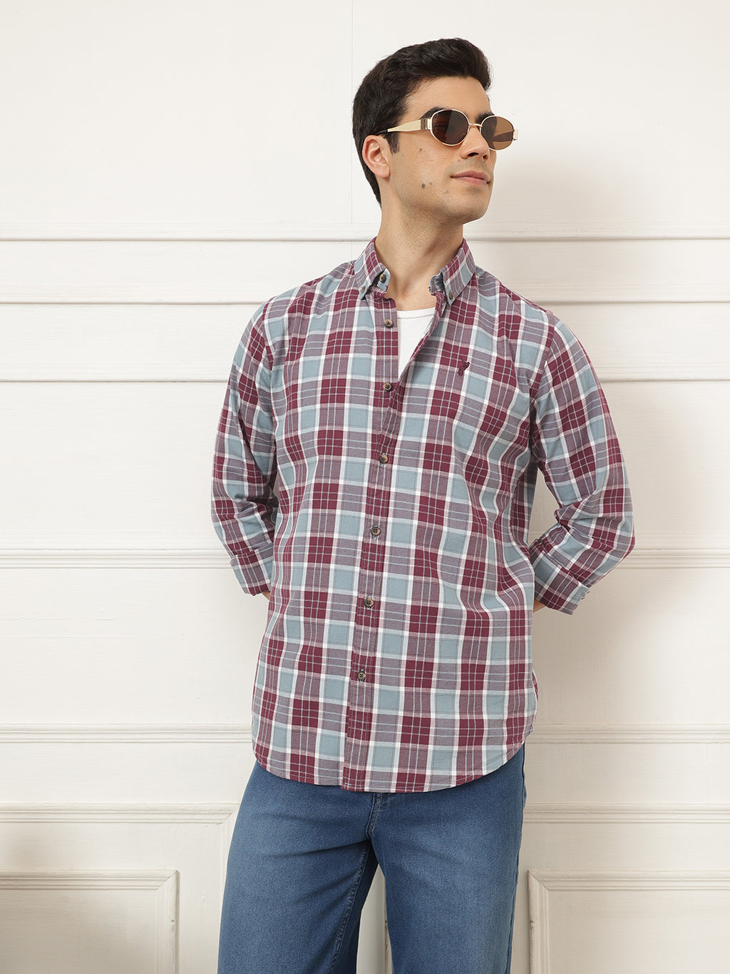 Maroon Premium Regular Fit Tartan Checks Cotton Oxford Shirt For Men