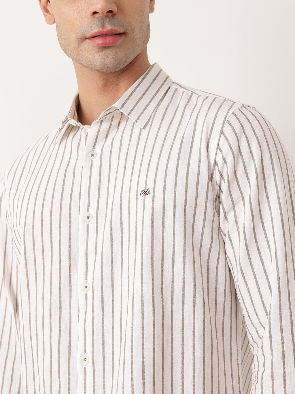 Thomas Scott Men Olive Premium Regular Fit Long Sleeves Spread Collar Vertical Stripes Cotton Linen Casual Shirts