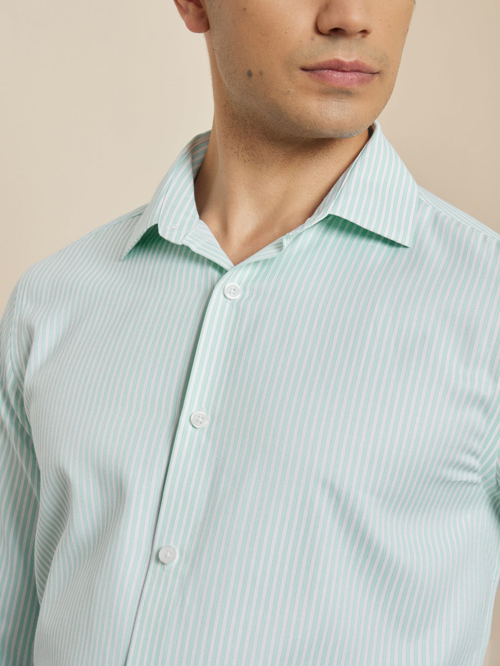 Thomas Scott Men Smart Green Regular Fit Long Sleeves Semi Cutaway Collar Pinstripes Formal Shirt