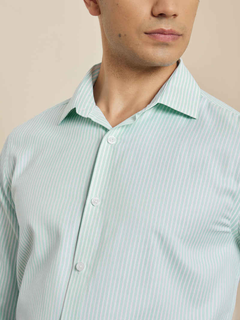 Thomas Scott Men Smart Green Regular Fit Long Sleeves Semi Cutaway Collar Pinstripes Formal Shirt