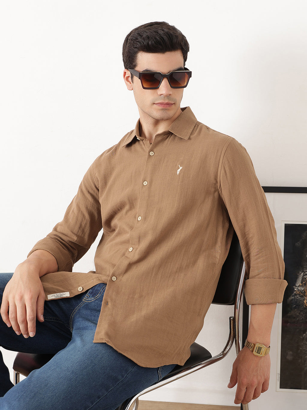 Brown Premium Regular Fit Long Sleeves Spread Collar Solid Cotton Casual Shirt For Men