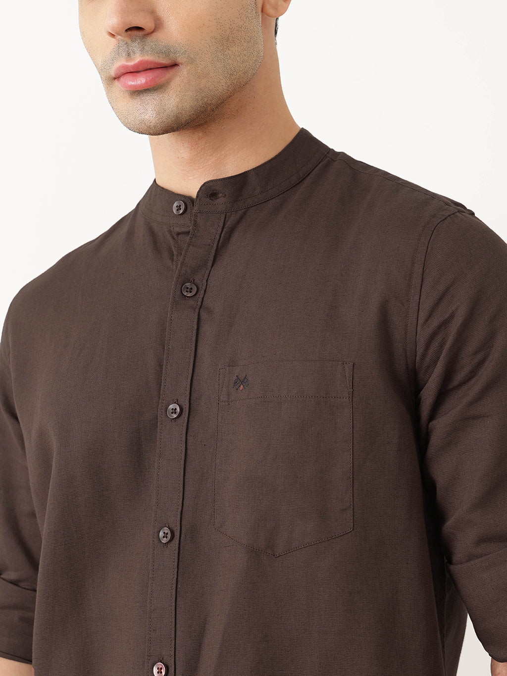 Thomas Scott Men Premium Brown Slim Fit Long Sleeves Mandarin Collar Solid Cotton Linen Casual Shirt