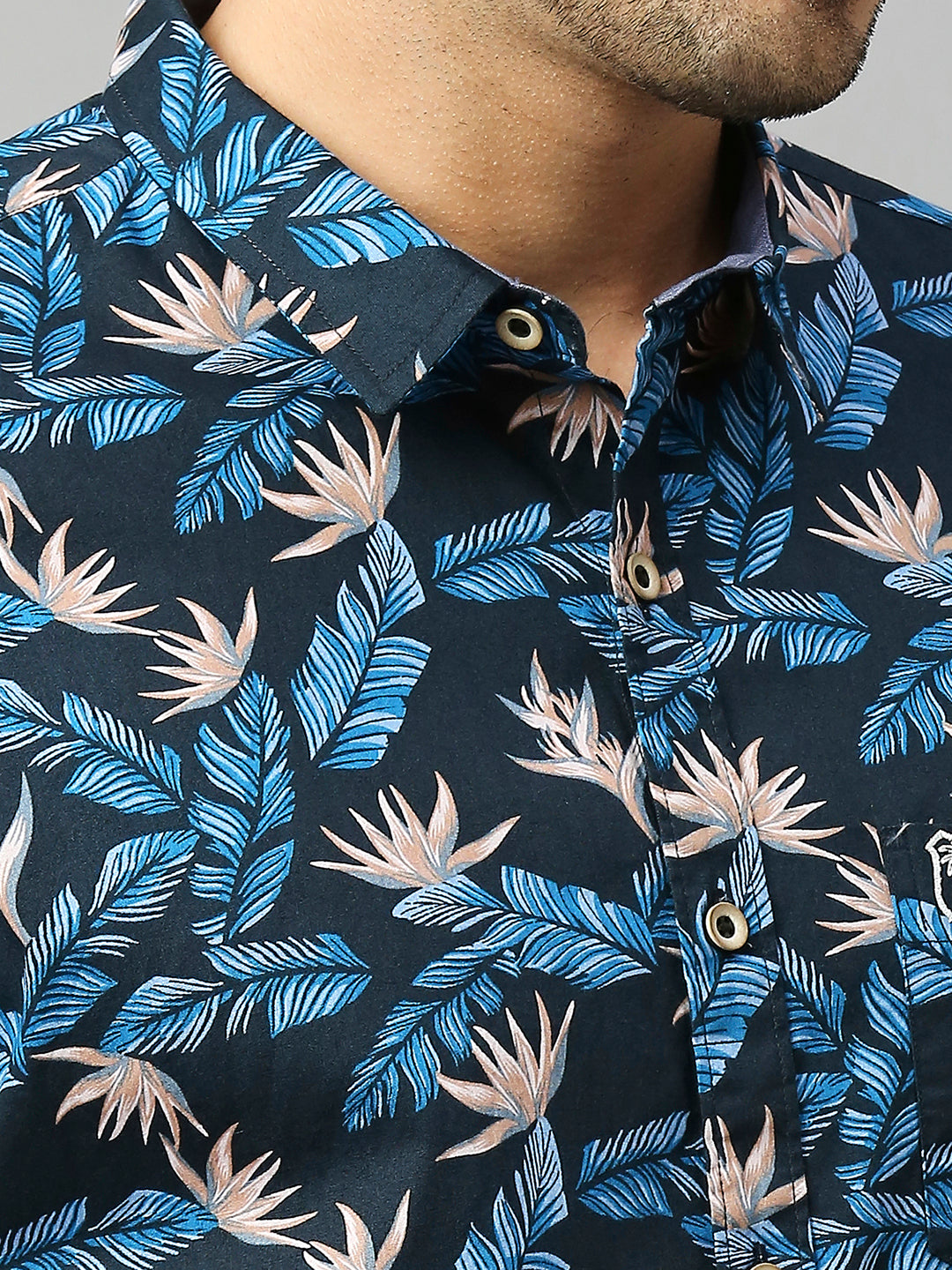 Thomas Scott Men Navy Classic Short Sleeves Slim Fit Spread Collar Floral Printed Cotton Casual Shirt
