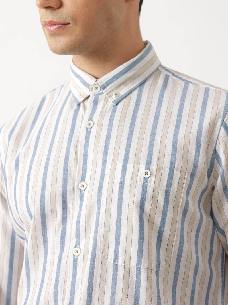 Thomas Scott Men Premium Blue Slim Fit Long Sleeves Vertical Striped Cotton Linen Casual Shirt with Button Down Collar