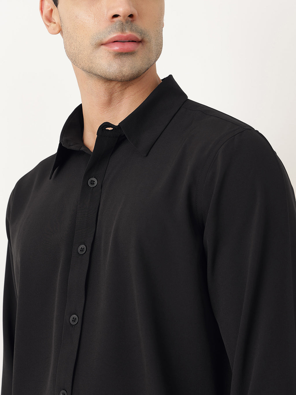 Thomas Scott Men Premium Black Slim Fit Long Sleeves Spread Collar Solid Casual Shirt