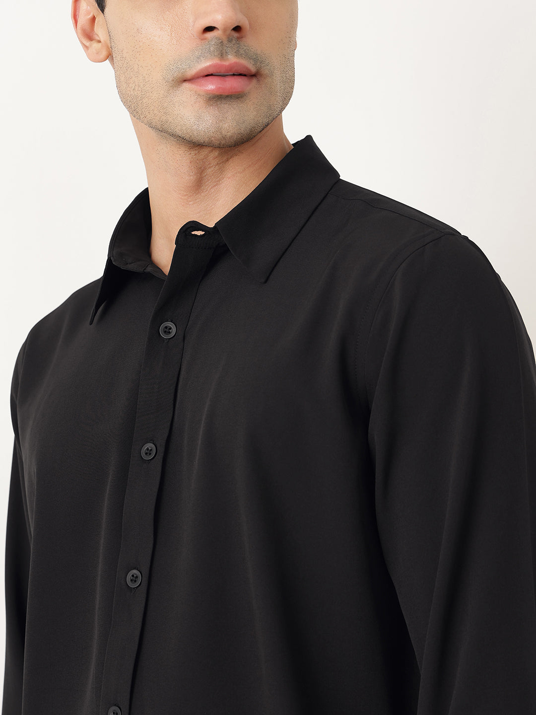 Thomas Scott Men Premium Black Slim Fit Long Sleeves Spread Collar Solid Casual Shirt