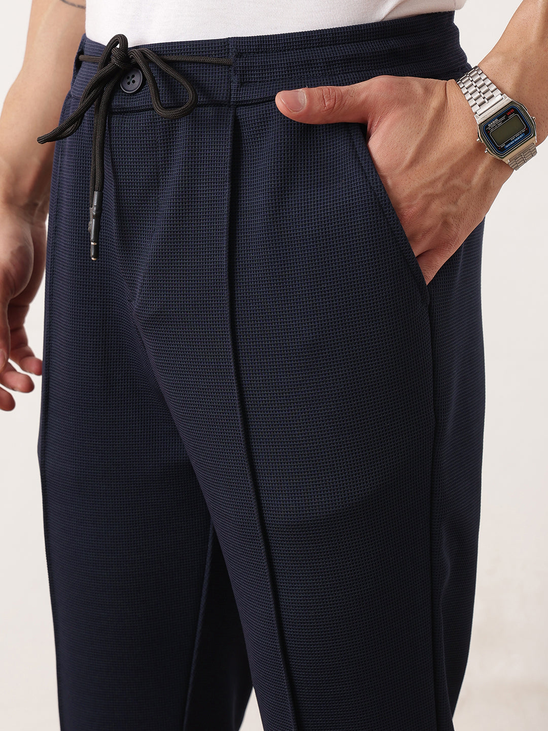 Thomas Scott Men Navy Smart Regular Fit Mid-Rise Textured Pleated Knitted Casual Trousers with Drawstring Closure