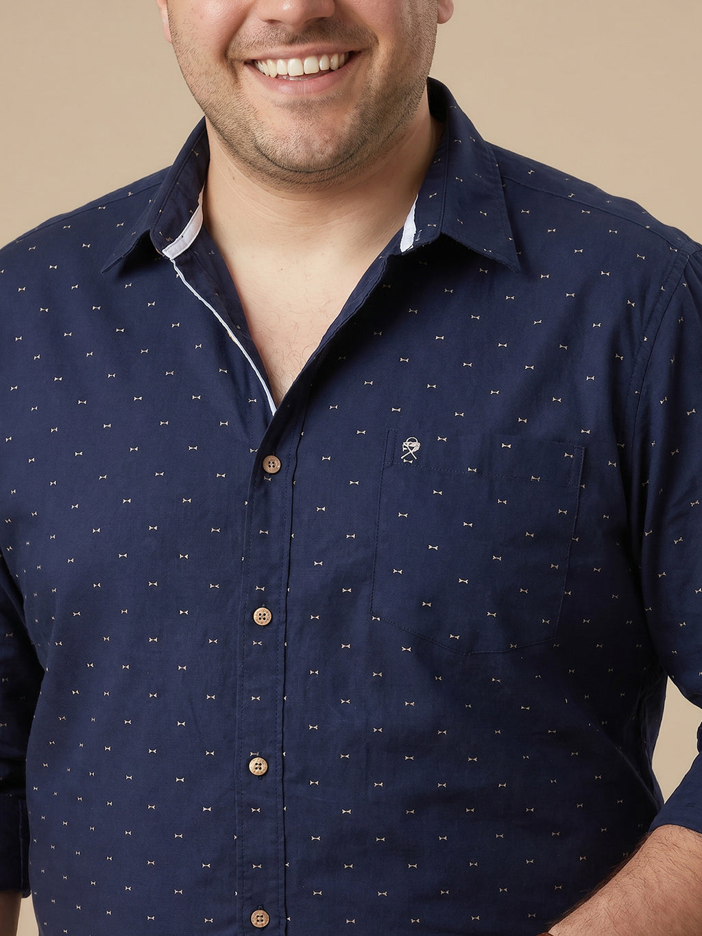 Deep Navy 1 Plus Size Regular Fit Micro Ditsy Printed Spread Collar 100% Cotton Casual Shirt For Men