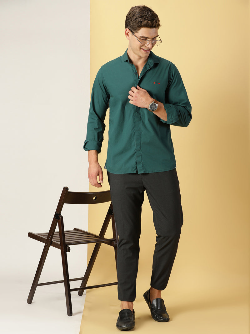 Thomas Scott Men Green Classic Regular Fit Long Sleeves Spread Collar Solid Casual Shirt