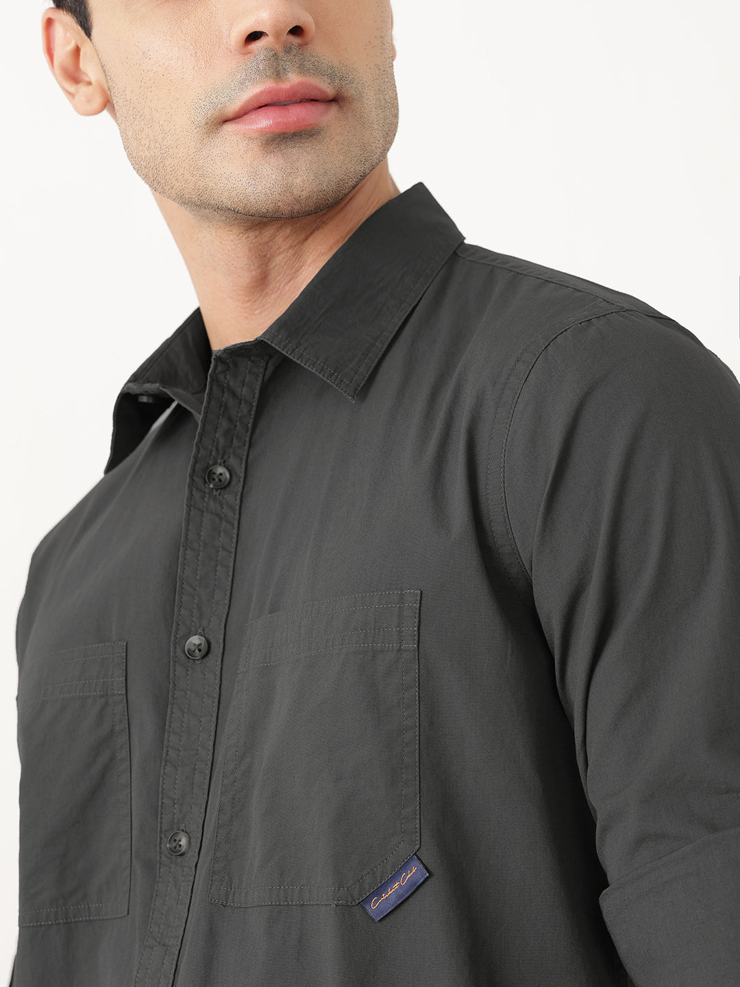 Thomas Scott Men Premium Dark Grey Slim Fit Long Roll-Up Sleeves Spread Collar Solid Cotton Casual Shirts