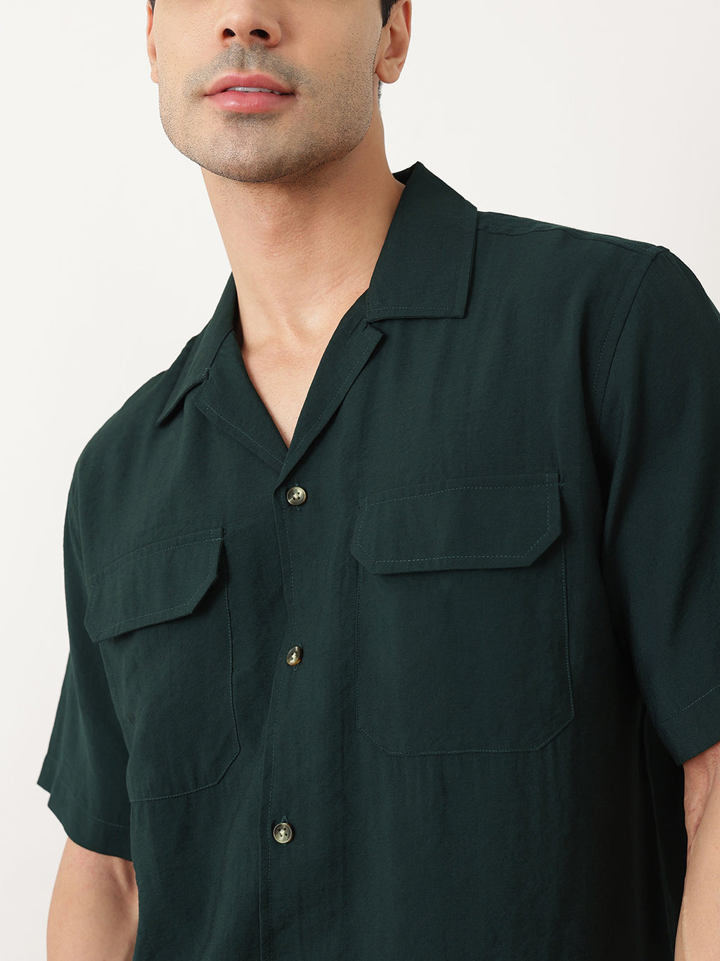 Thomas Scott Men Premium Olive Oversize Fit Short Sleeves Cuban Collar Textured Casual Shirt