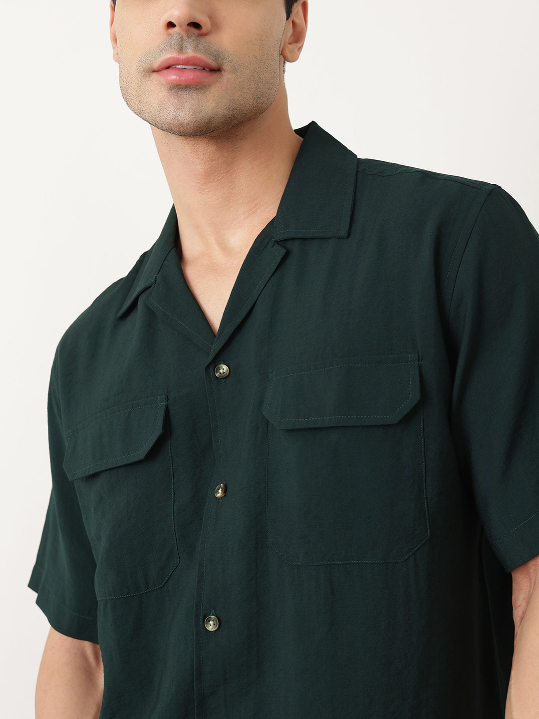 Thomas Scott Men Premium Olive Oversize Fit Short Sleeves Cuban Collar Textured Casual Shirt