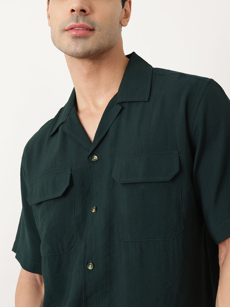Thomas Scott Men Premium Olive Oversize Fit Short Sleeves Cuban Collar Textured Casual Shirt