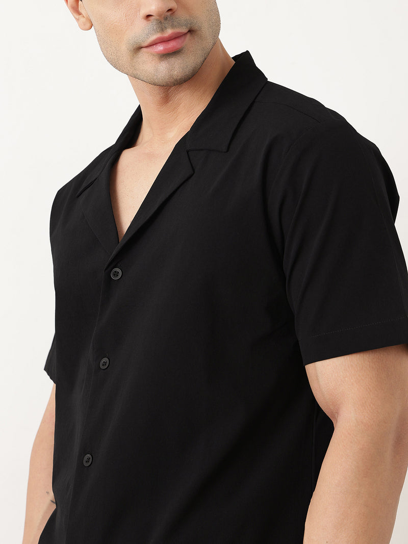 Thomas Scott Men Premium Black Oversize Fit Short Sleeves Cuban Collar Solid Casual Shirt