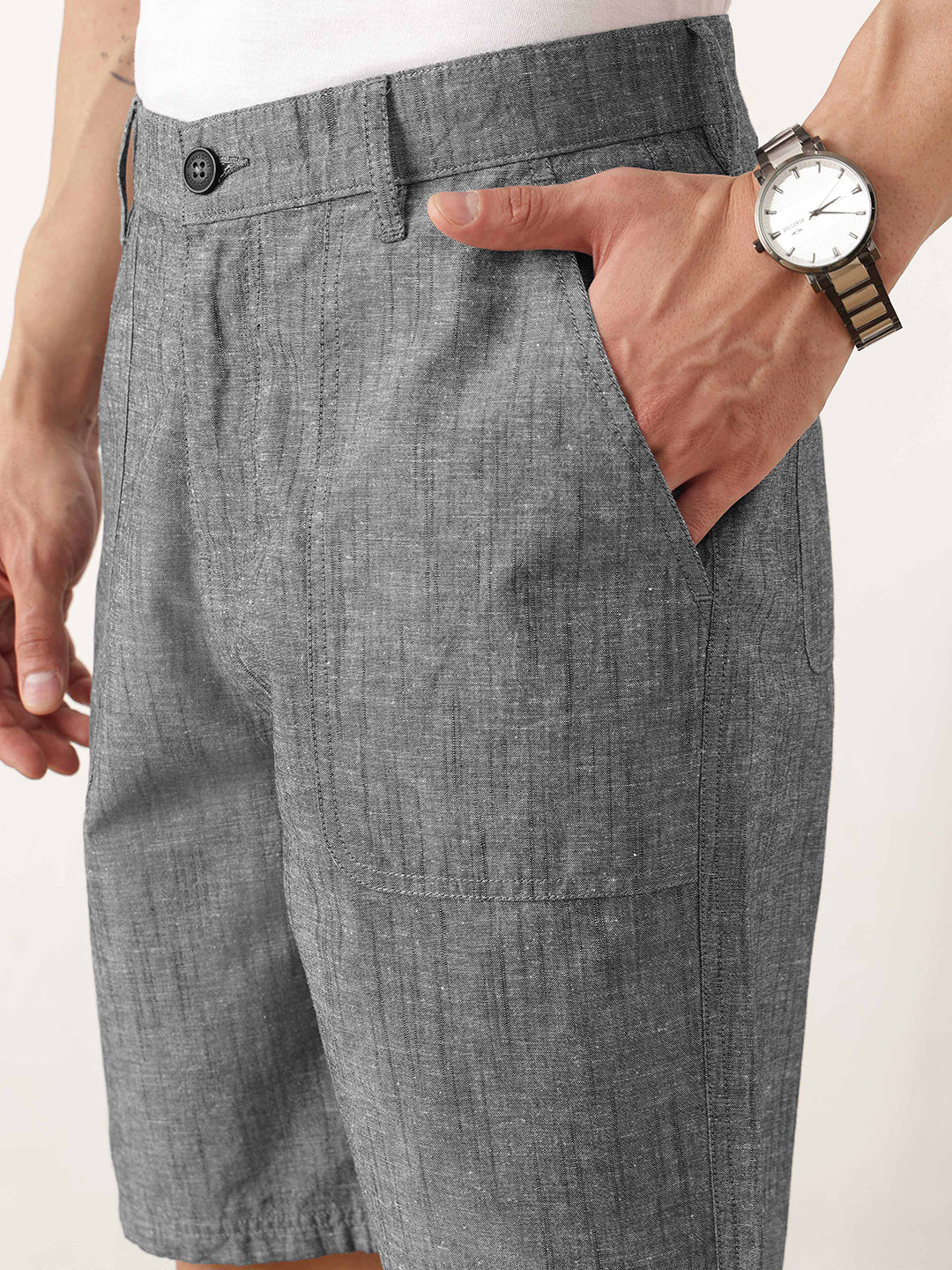 Thomas Scott Men Black Regular Fit Mid-Rise Solid Woven Cotton Linen Shorts