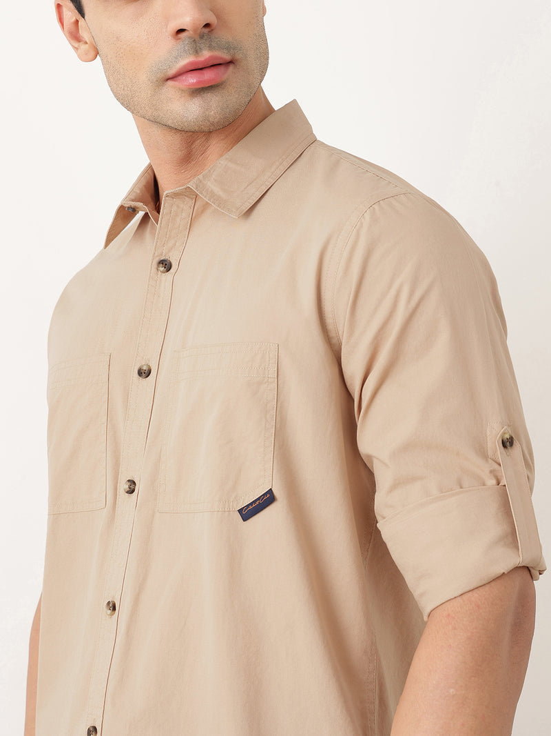Thomas Scott Men Premium Khaki Slim Fit Long Roll-Up Sleeves Spread Collar Solid Cotton Casual Shirts