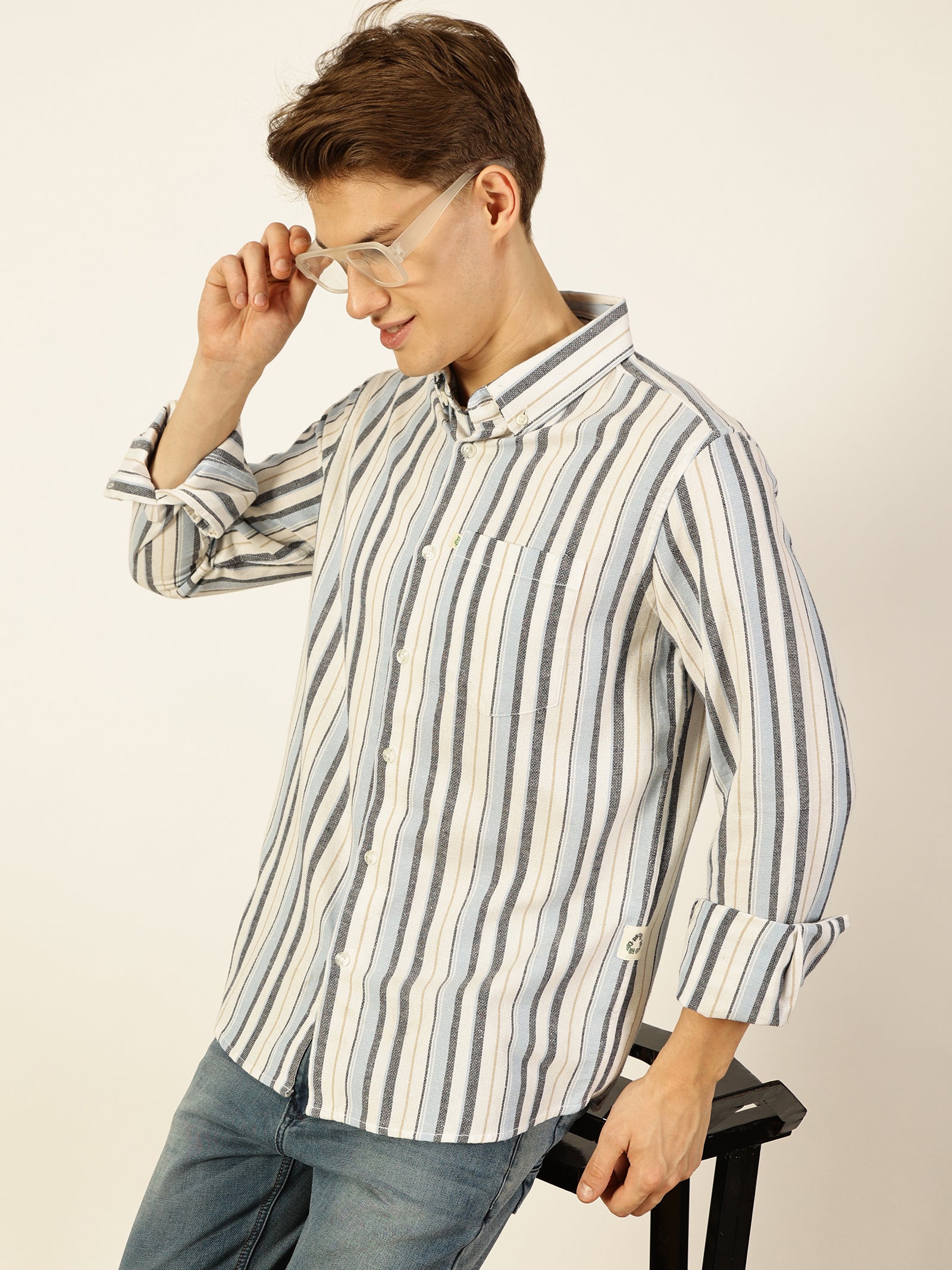 Thomas Scott Men Light Blue Premium Long Sleeves Slim Fit Button-Down Collar Vertical Stripes Casual Shirt