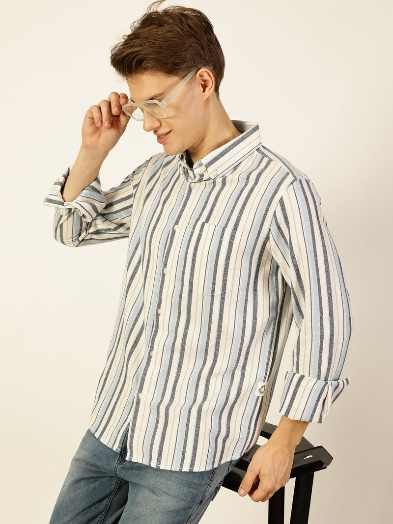 Thomas Scott Men Light Blue Premium Long Sleeves Slim Fit Button-Down Collar Vertical Stripes Casual Shirt