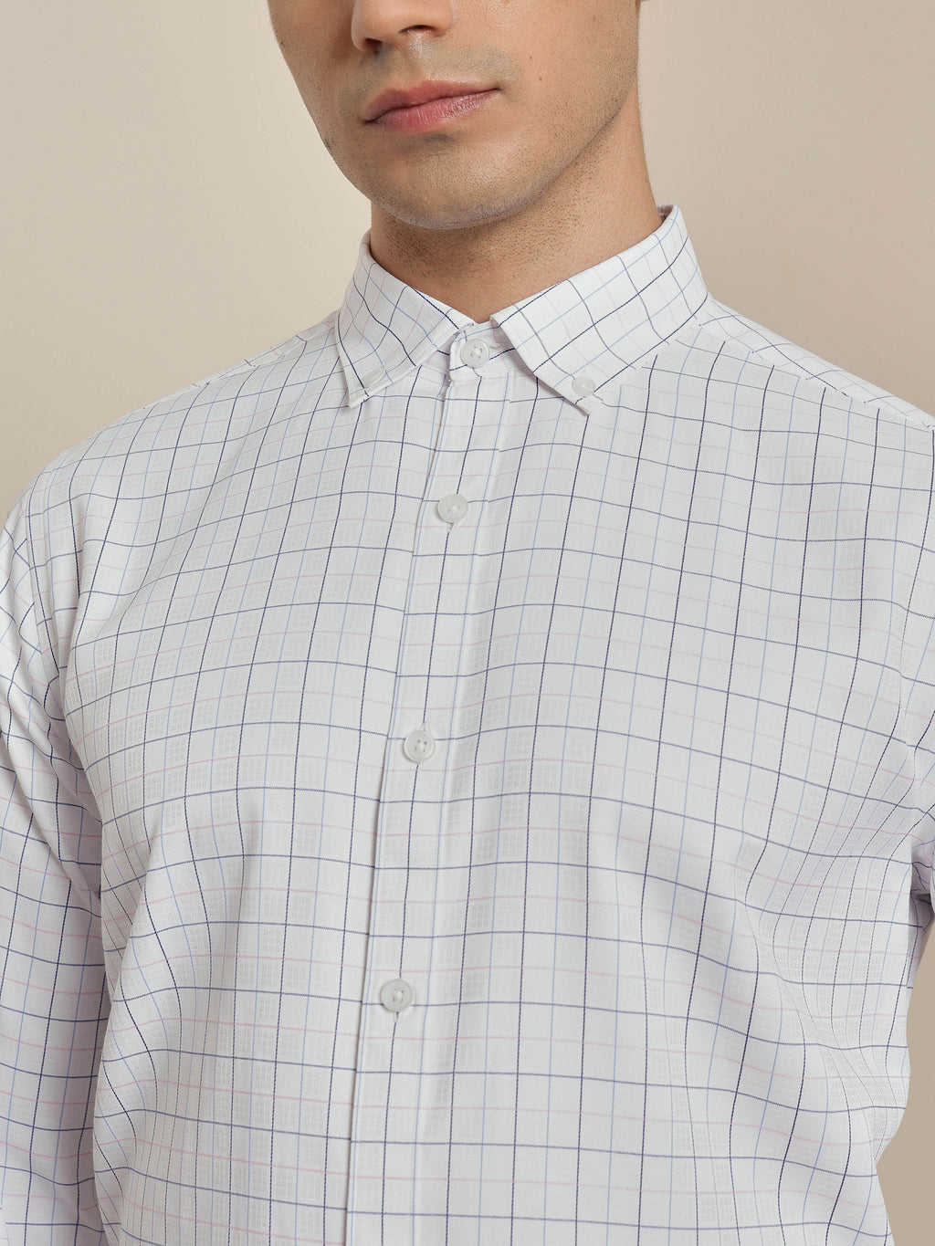 Thomas Scott Men Smart White Regular Fit Long Sleeves Button Down Collar Windowpane Checks Formal Shirt