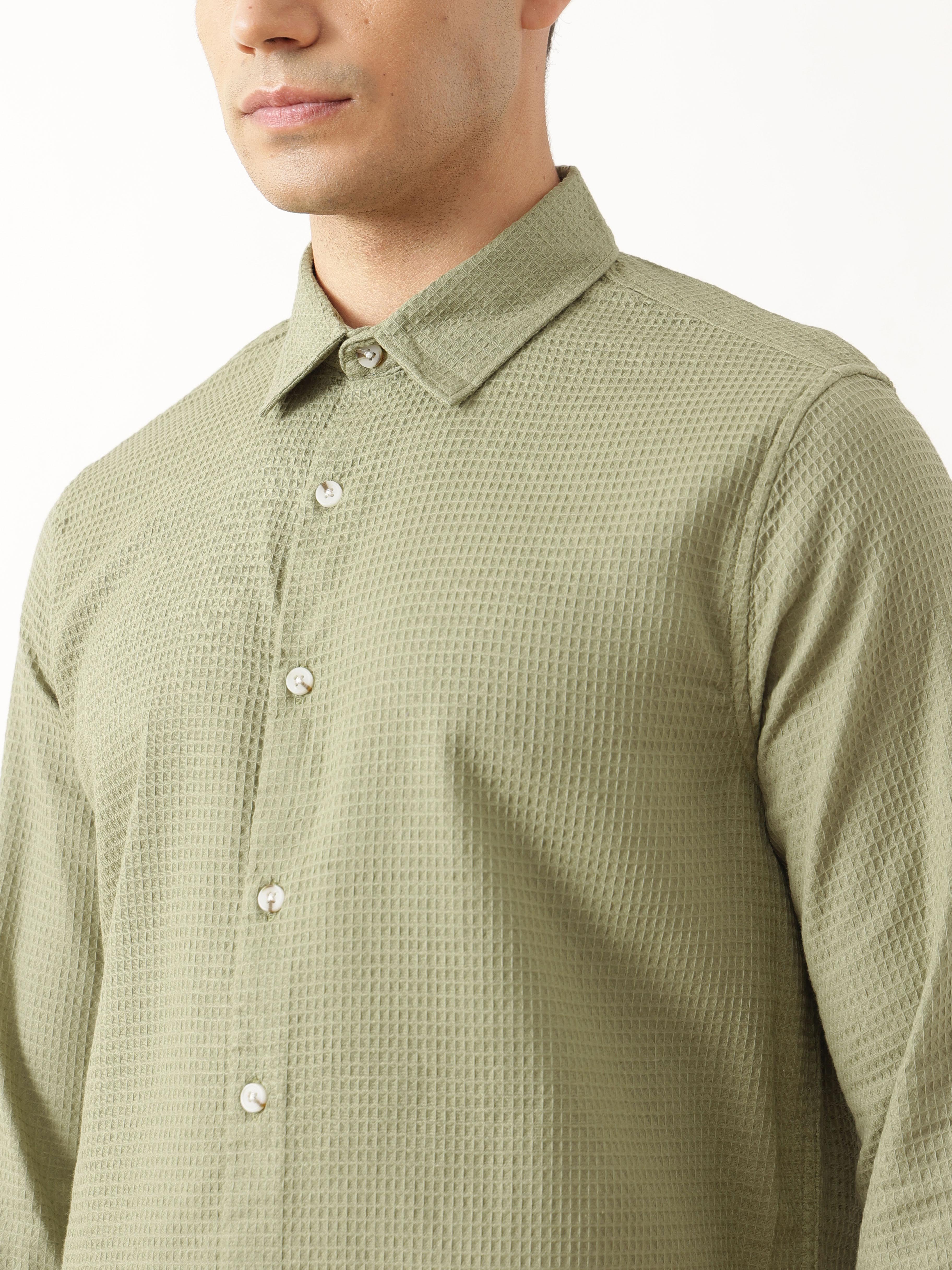 Thomas Scott Men Premium Olive Regular Fit Long Sleeves Spread Collar Textured Casual Shirt