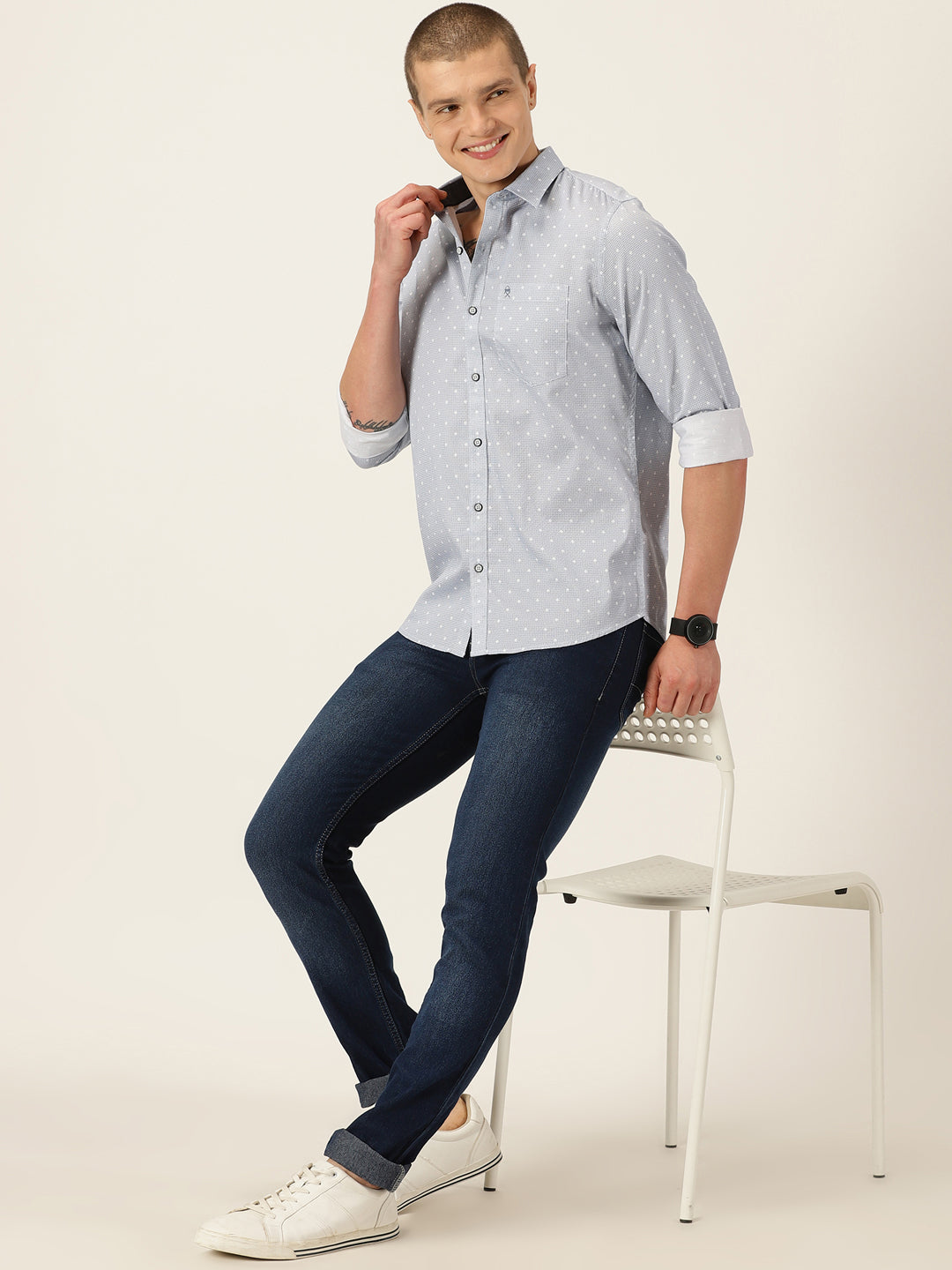 Thomas Scott Men Blue Smart Slim Fit Long Sleeves Spread Collar Micro Ditsy Printed Cotton Casual Shirt